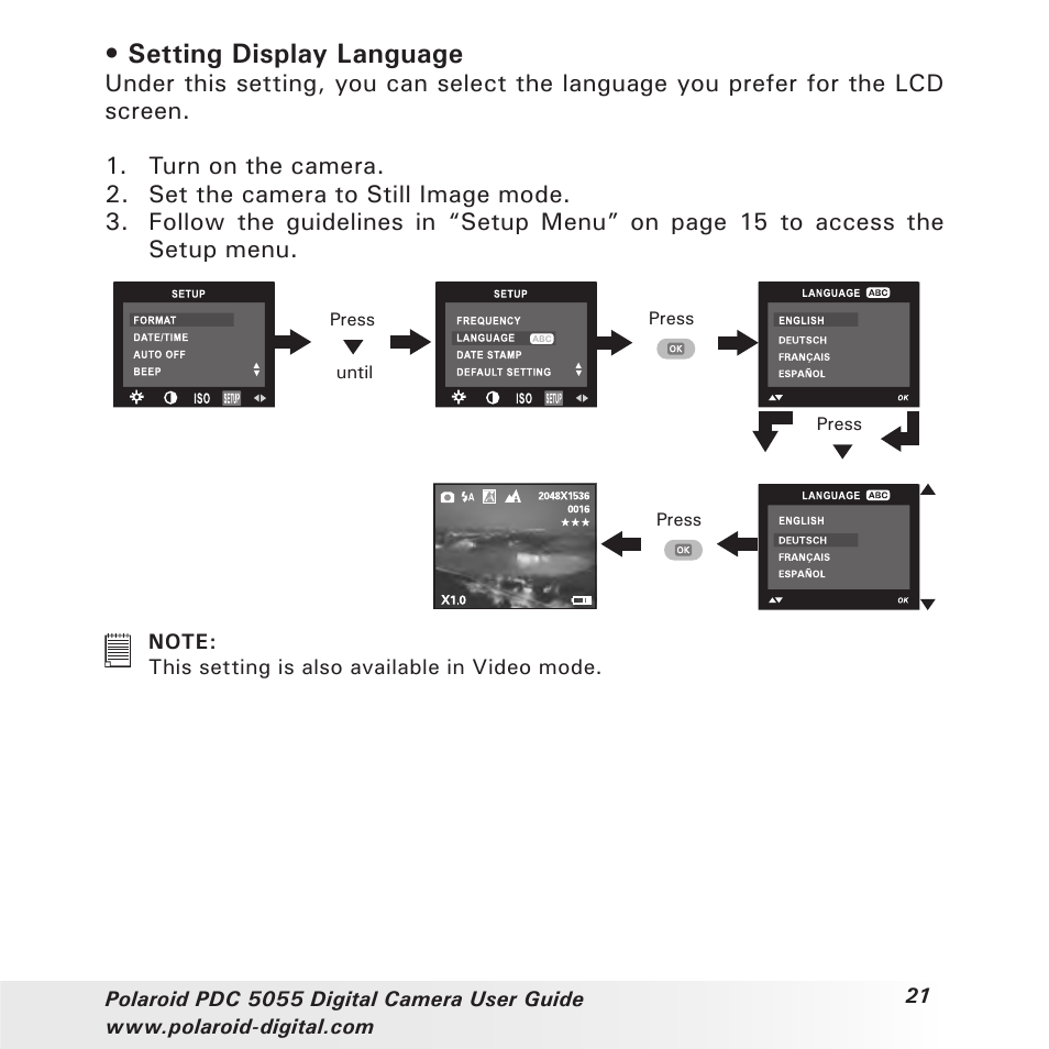 Setting display language | Polaroid PDC 505 User Manual | Page 21 / 88