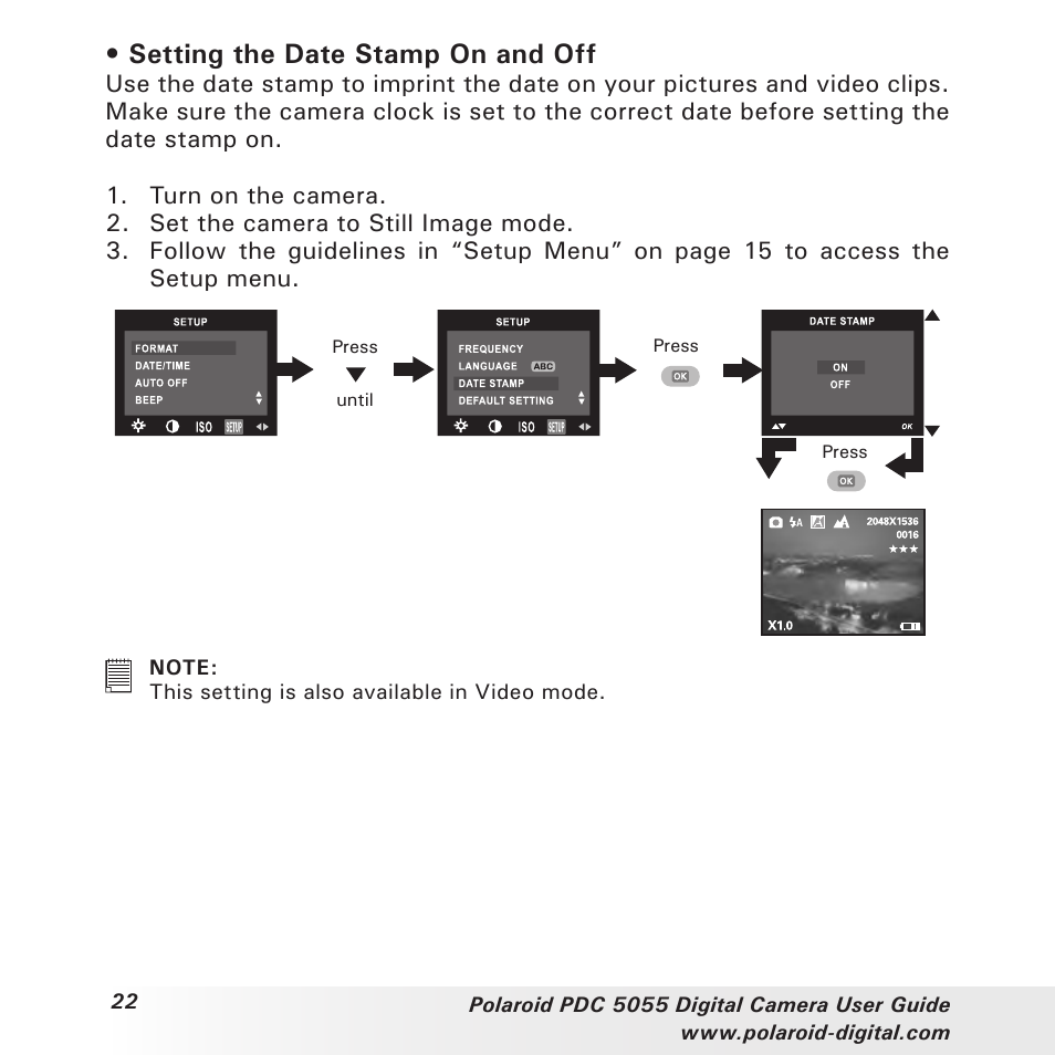 Setting the date stamp on and off | Polaroid PDC 505 User Manual | Page 22 / 88