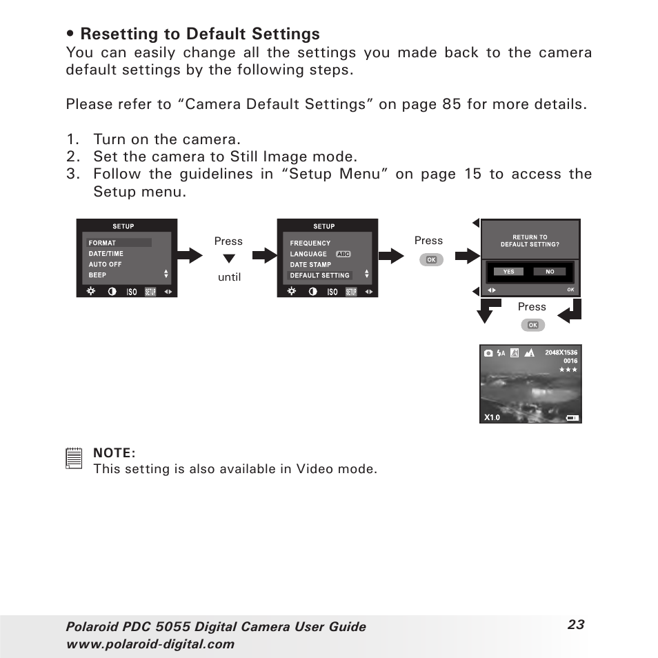 Resetting to default settings | Polaroid PDC 505 User Manual | Page 23 / 88