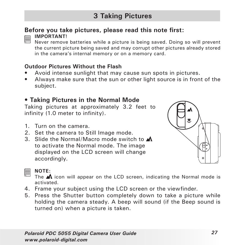 3 taking pictures, Taking pictures in the normal mode | Polaroid PDC 505 User Manual | Page 27 / 88