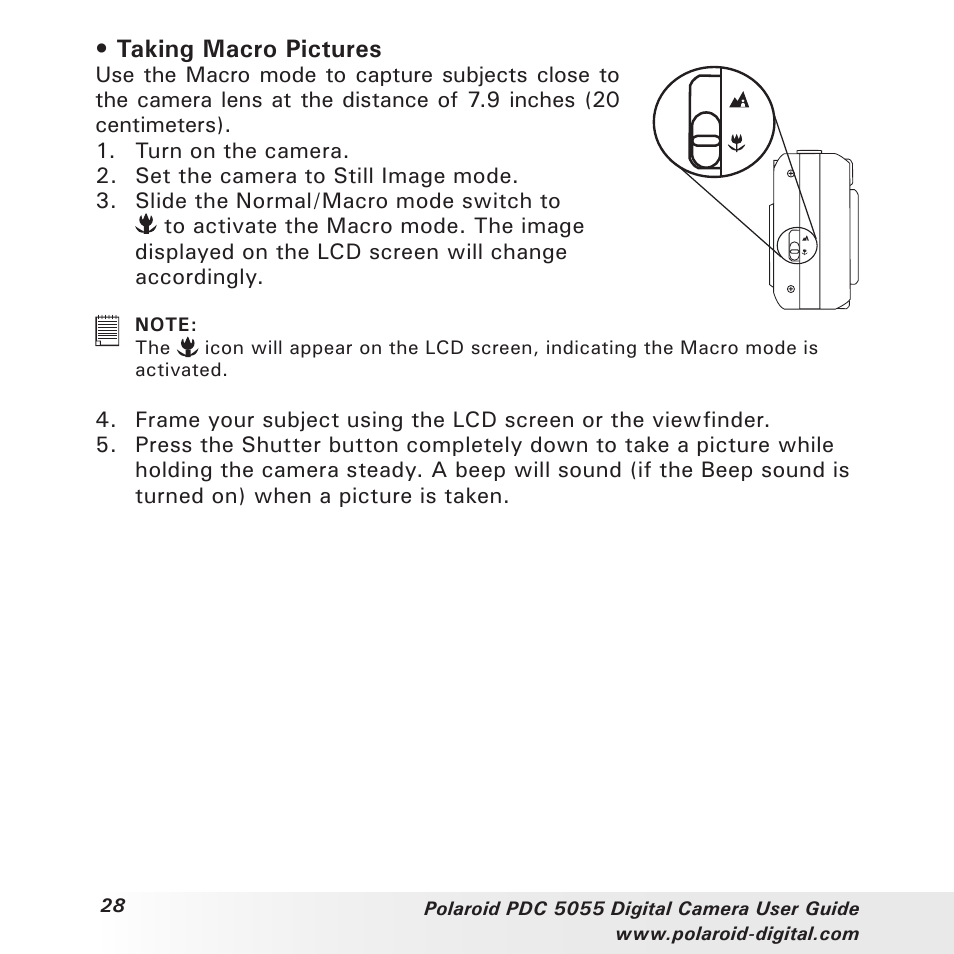 Taking macro pictures | Polaroid PDC 505 User Manual | Page 28 / 88