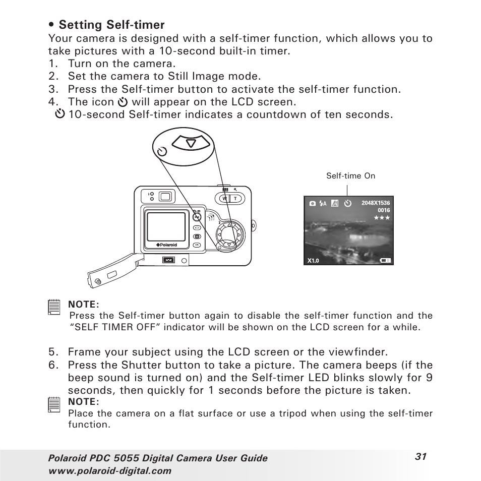 Setting self-timer | Polaroid PDC 505 User Manual | Page 31 / 88