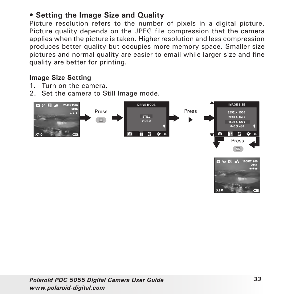 Setting the image size and quality | Polaroid PDC 505 User Manual | Page 33 / 88