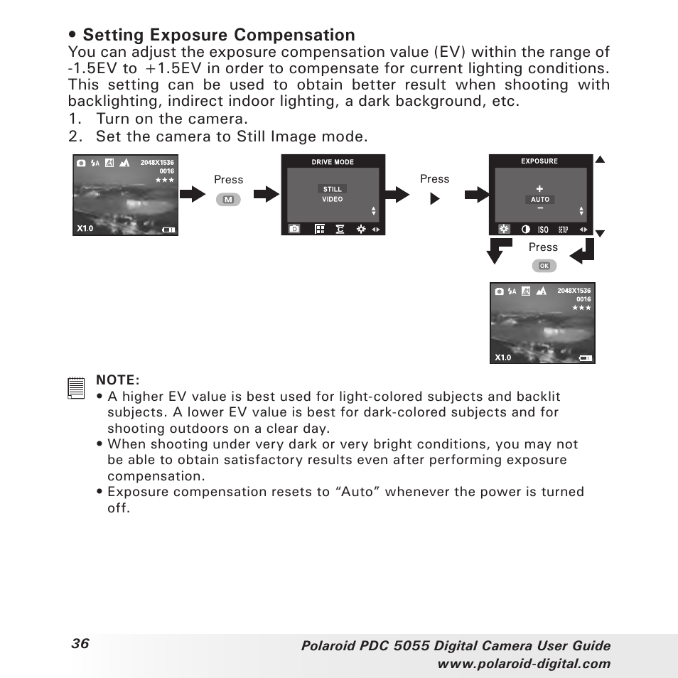 Setting exposure compensation | Polaroid PDC 505 User Manual | Page 36 / 88