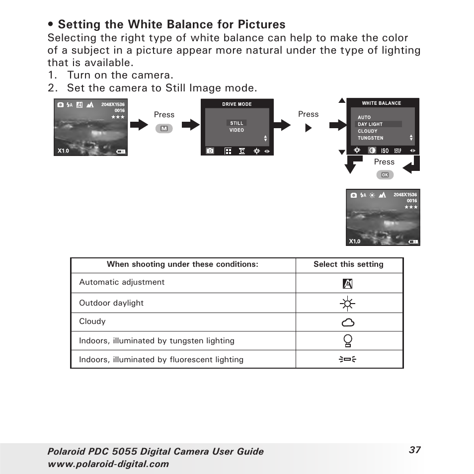 Setting the white balance for pictures | Polaroid PDC 505 User Manual | Page 37 / 88