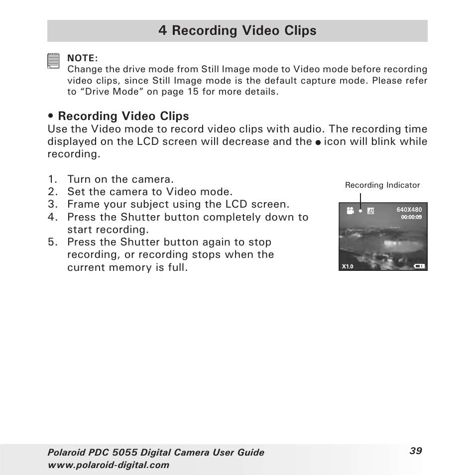 4 recording video clips, Recording video clips | Polaroid PDC 505 User Manual | Page 39 / 88