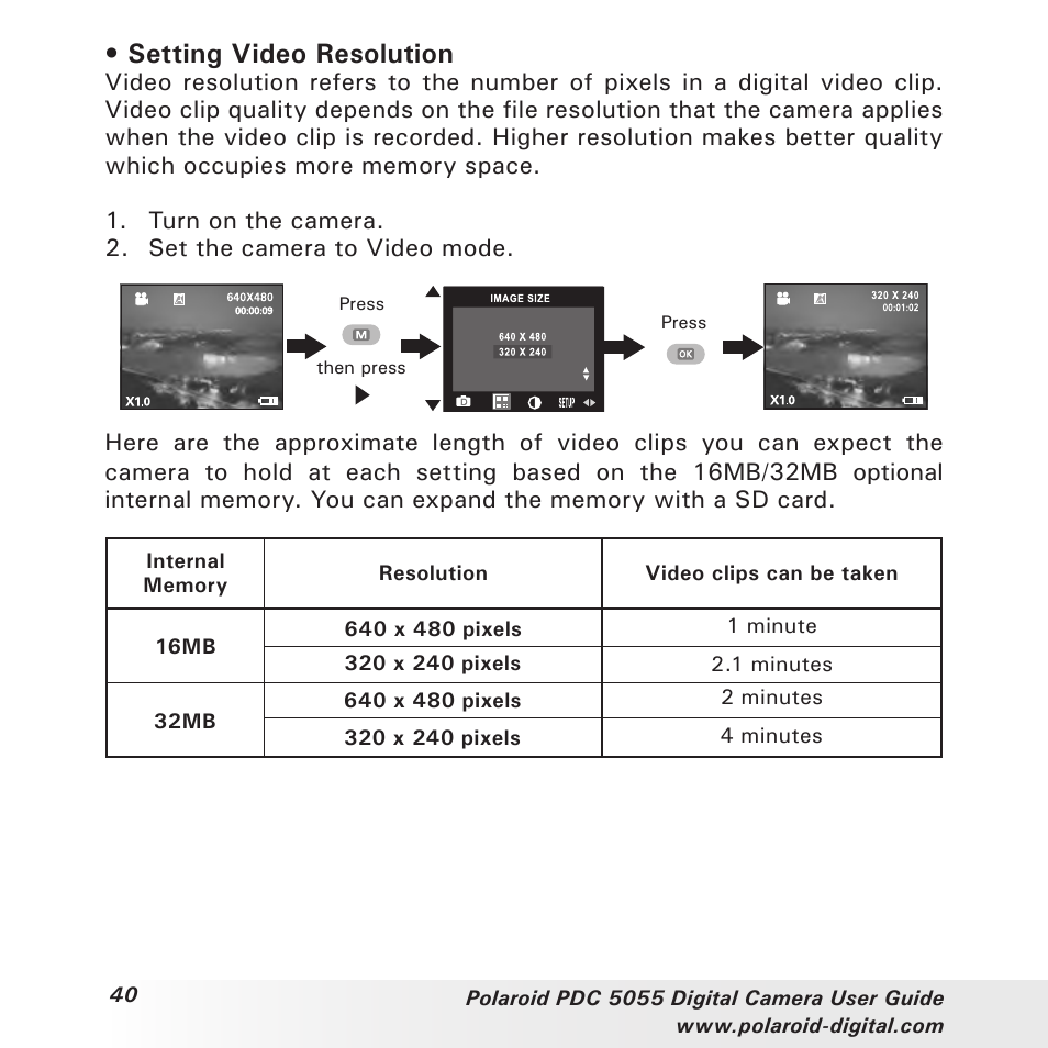 Setting video resolution | Polaroid PDC 505 User Manual | Page 40 / 88