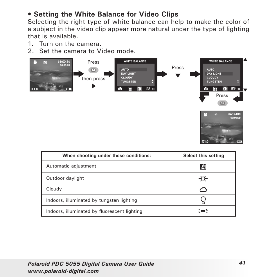 Setting the white balance for video clips | Polaroid PDC 505 User Manual | Page 41 / 88