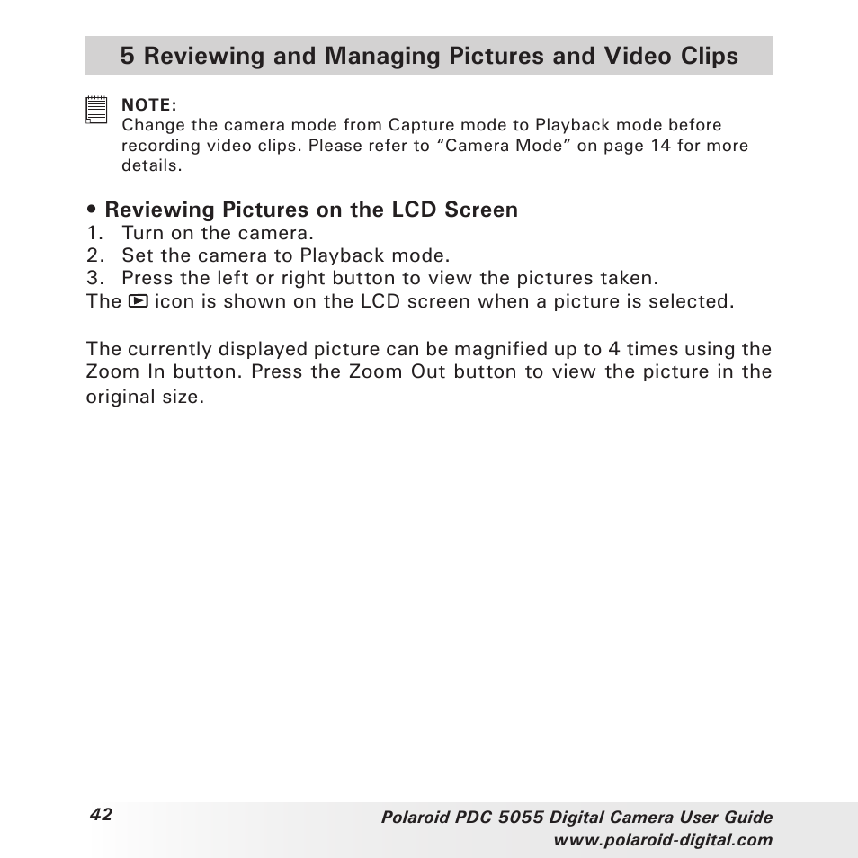 5 reviewing and managing pictures and video clips, Reviewing pictures on the lcd screen | Polaroid PDC 505 User Manual | Page 42 / 88