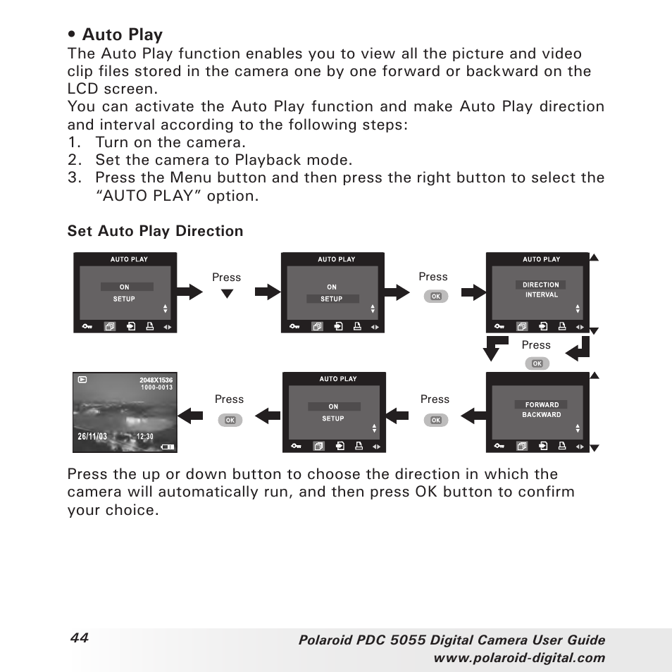 Auto play | Polaroid PDC 505 User Manual | Page 44 / 88