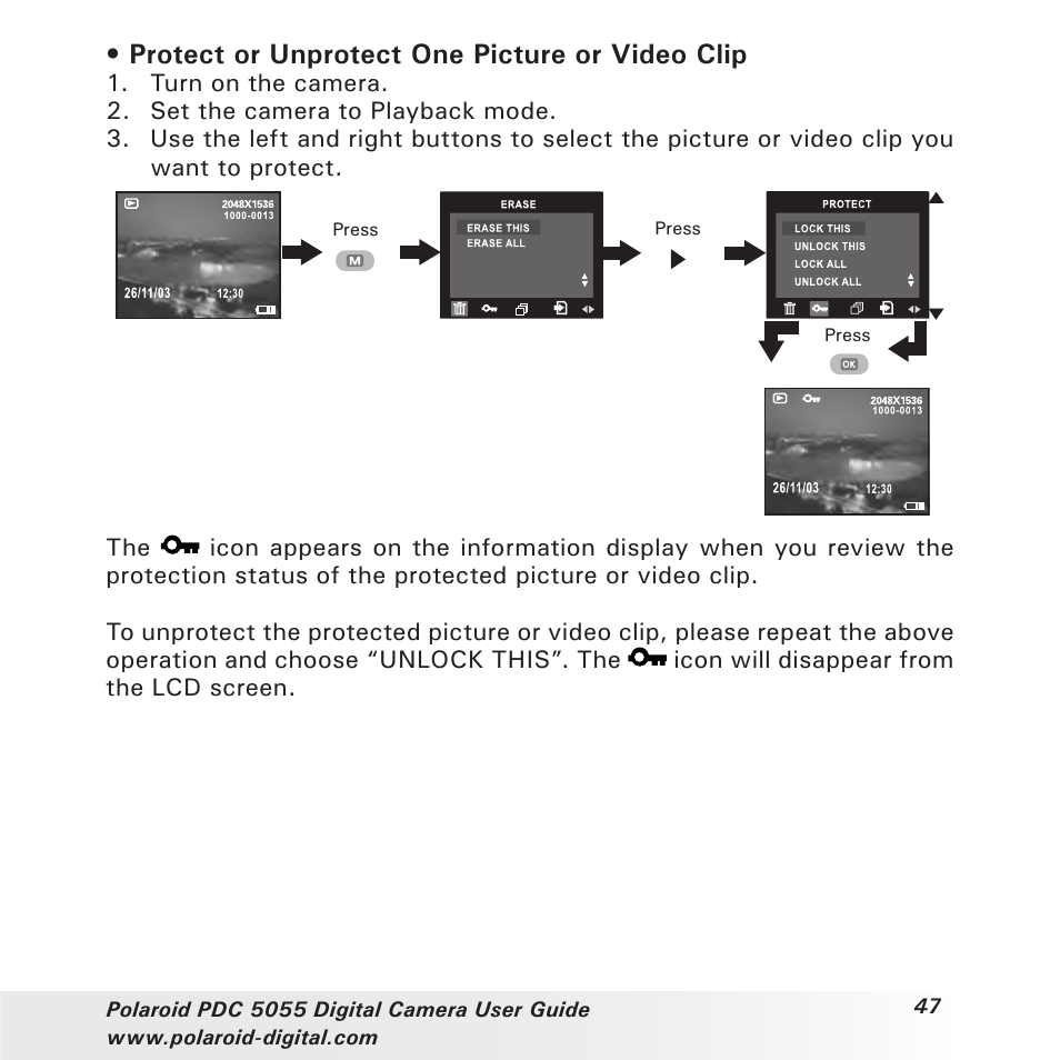 Protect or unprotect one picture or video clip | Polaroid PDC 505 User Manual | Page 47 / 88