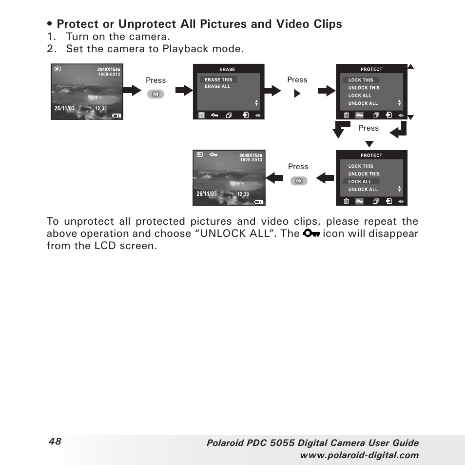 Protect or unprotect all pictures and video clips | Polaroid PDC 505 User Manual | Page 48 / 88