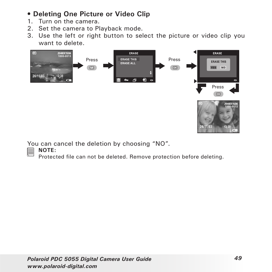 Deleting one picture or video clip | Polaroid PDC 505 User Manual | Page 49 / 88