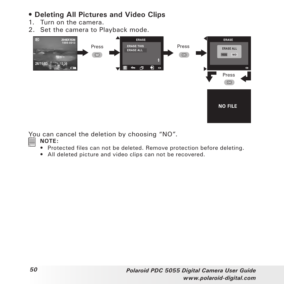 Deleting all pictures and video clips | Polaroid PDC 505 User Manual | Page 50 / 88