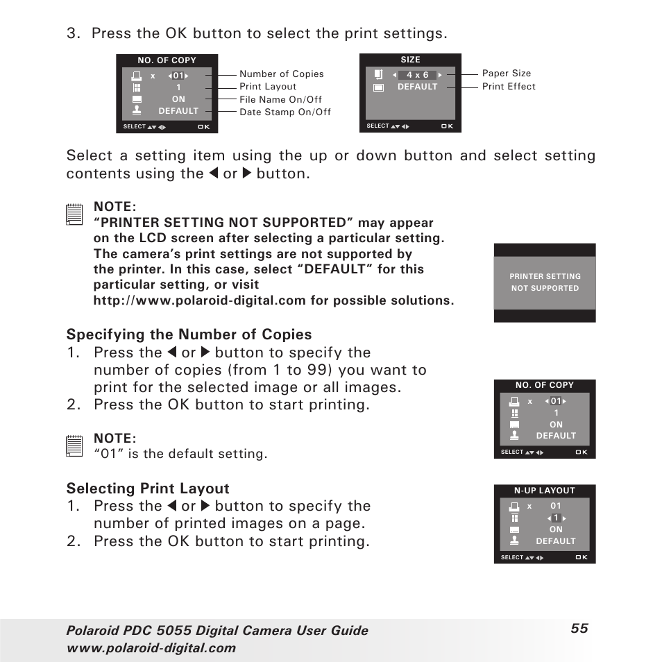 Press the ok button to select the print settings | Polaroid PDC 505 User Manual | Page 55 / 88