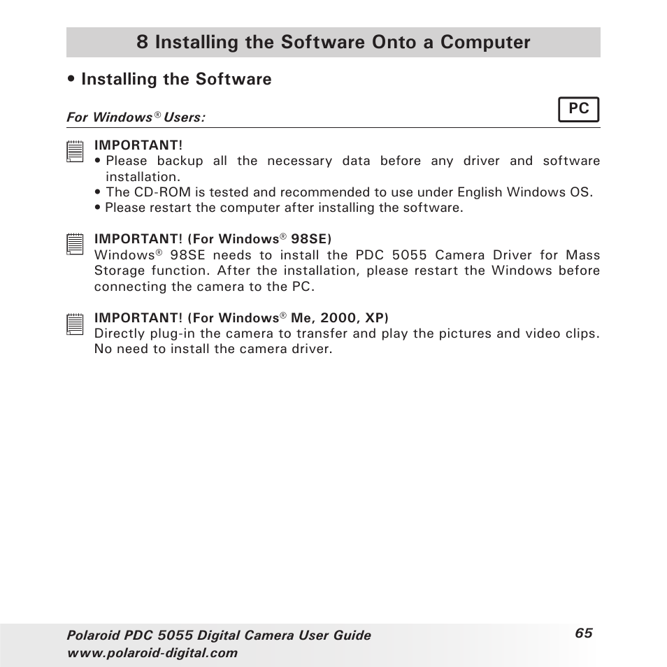 8 installing the software onto a computer, Installing the software | Polaroid PDC 505 User Manual | Page 65 / 88