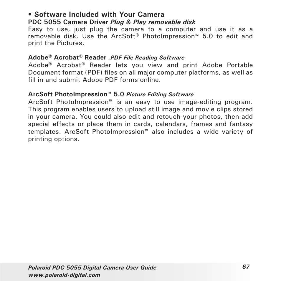 Software included with your camera | Polaroid PDC 505 User Manual | Page 67 / 88