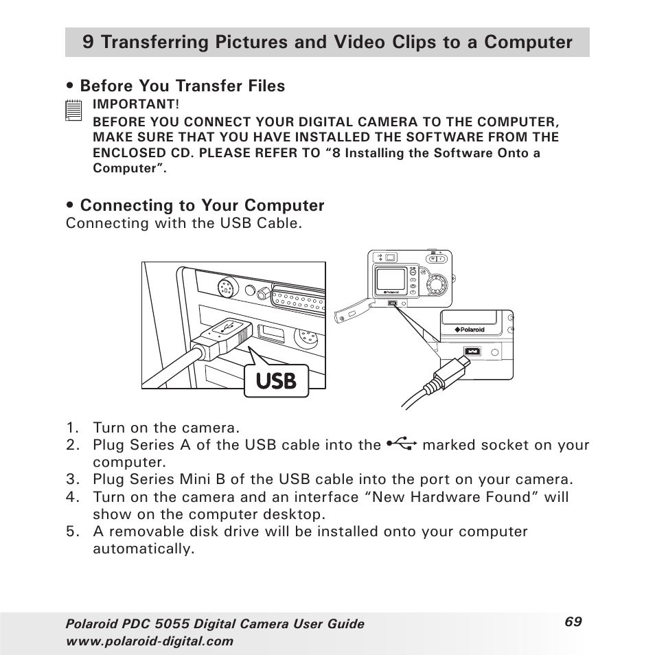 Before you transfer files, Connecting to your computer, Connecting with the usb cable | Polaroid PDC 505 User Manual | Page 69 / 88