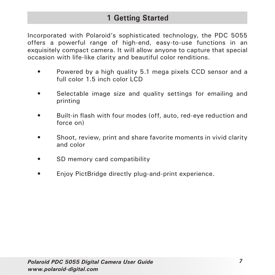 1 getting started | Polaroid PDC 505 User Manual | Page 7 / 88