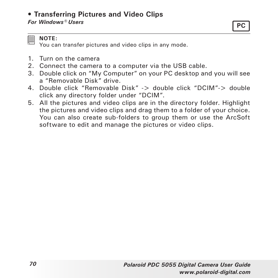 Transferring pictures and video clips | Polaroid PDC 505 User Manual | Page 70 / 88