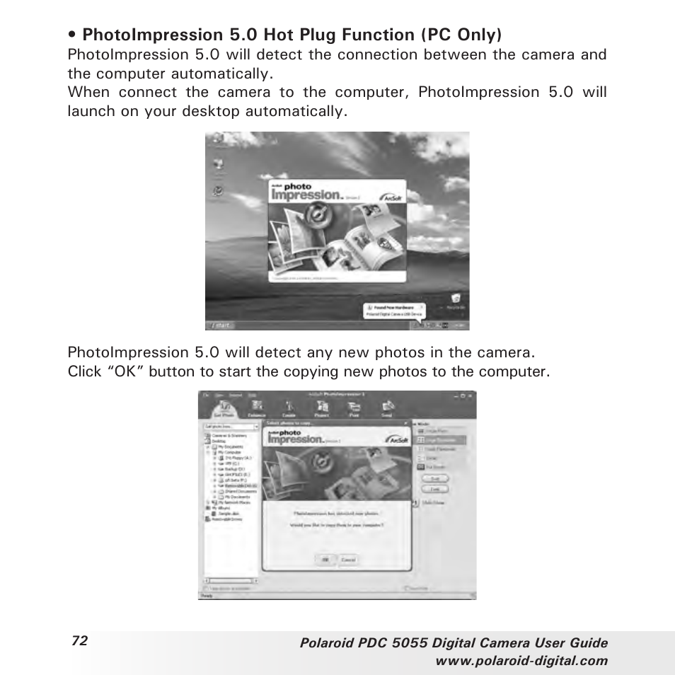 Photoimpression 5.0 hot plug function (pc only) | Polaroid PDC 505 User Manual | Page 72 / 88