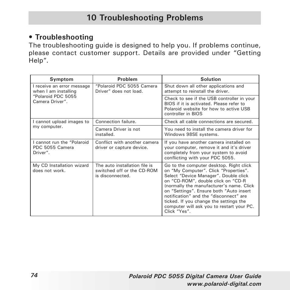 10 troubleshooting problems, Troubleshooting | Polaroid PDC 505 User Manual | Page 74 / 88