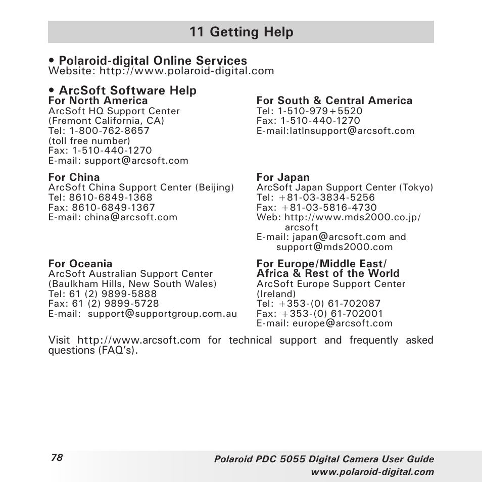 11 getting help, Polaroid-digital online services, Arcsoft software help | Polaroid PDC 505 User Manual | Page 78 / 88