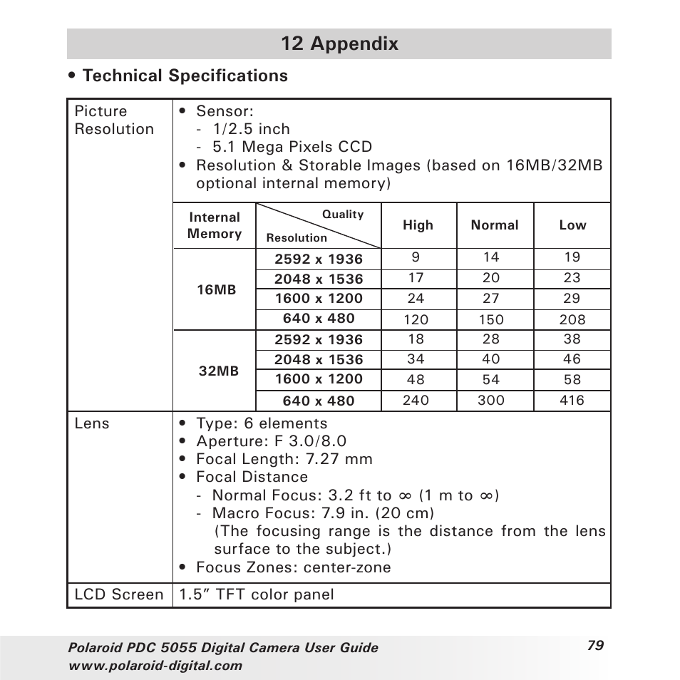 12 appendix, Technical specifications | Polaroid PDC 505 User Manual | Page 79 / 88