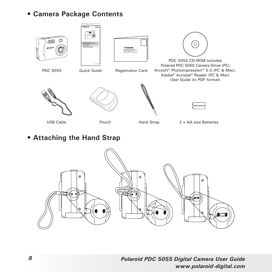 Camera package contents, Attaching the hand strap | Polaroid PDC 505 User Manual | Page 8 / 88