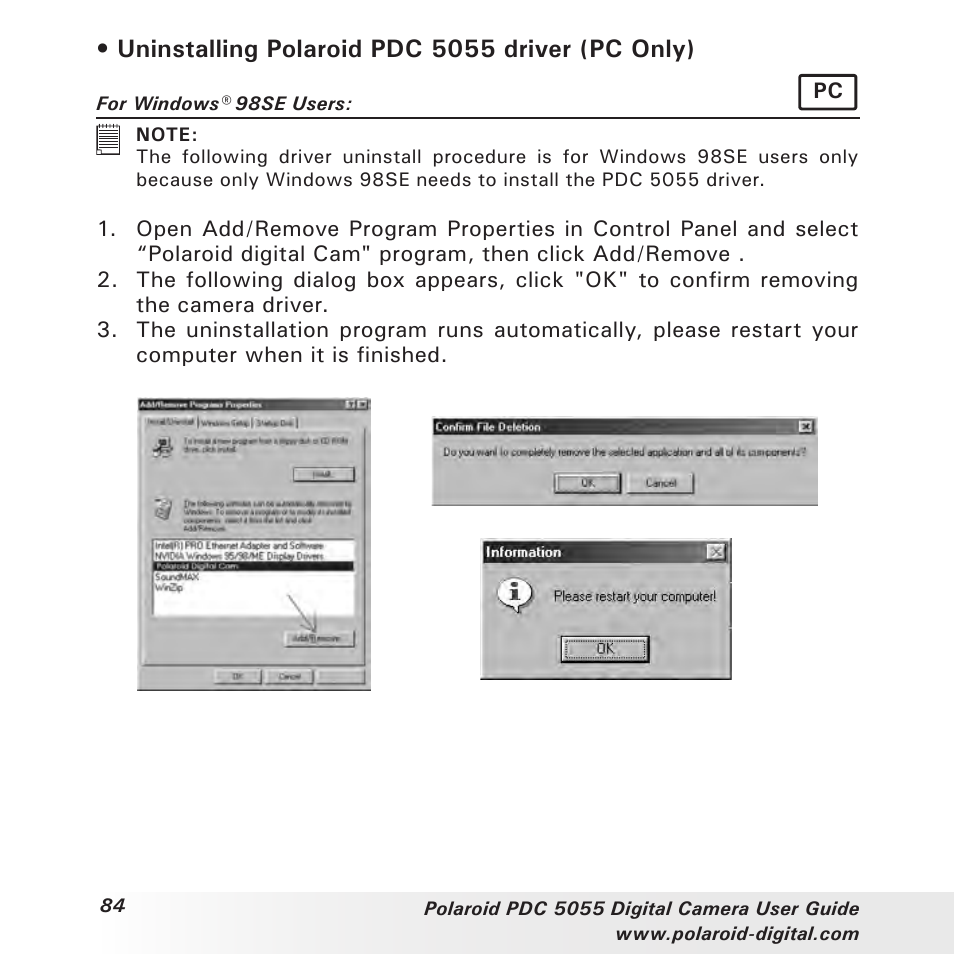 Uninstalling polaroid pdc 5055 driver (pc only) | Polaroid PDC 505 User Manual | Page 84 / 88