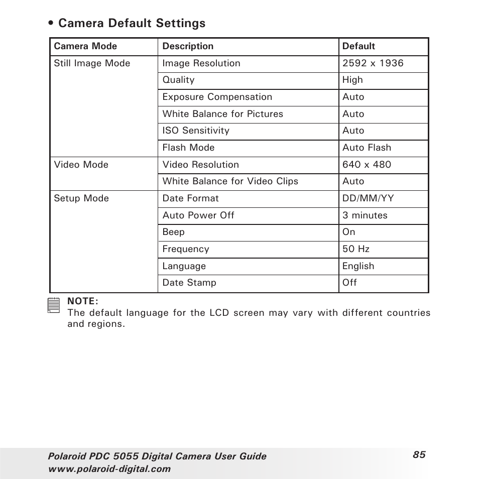Camera default settings | Polaroid PDC 505 User Manual | Page 85 / 88