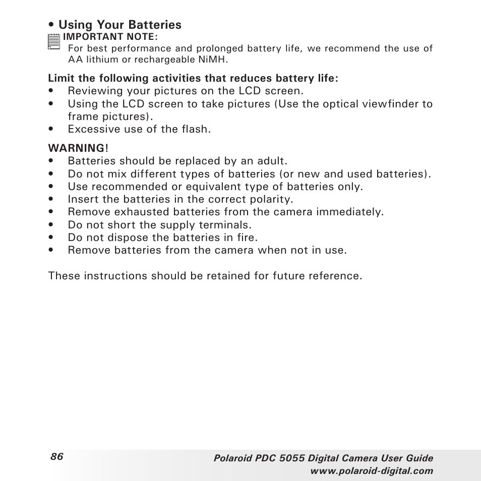 Using your batteries | Polaroid PDC 505 User Manual | Page 86 / 88