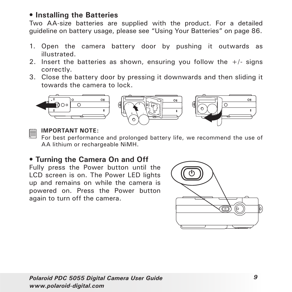 Installing the batteries, Turning the camera on and off | Polaroid PDC 505 User Manual | Page 9 / 88