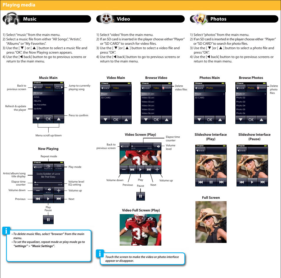 Playing media, Video music photos, Full screen | Photos main browse photos | Polaroid PMP282-8 User Manual | Page 10 / 17