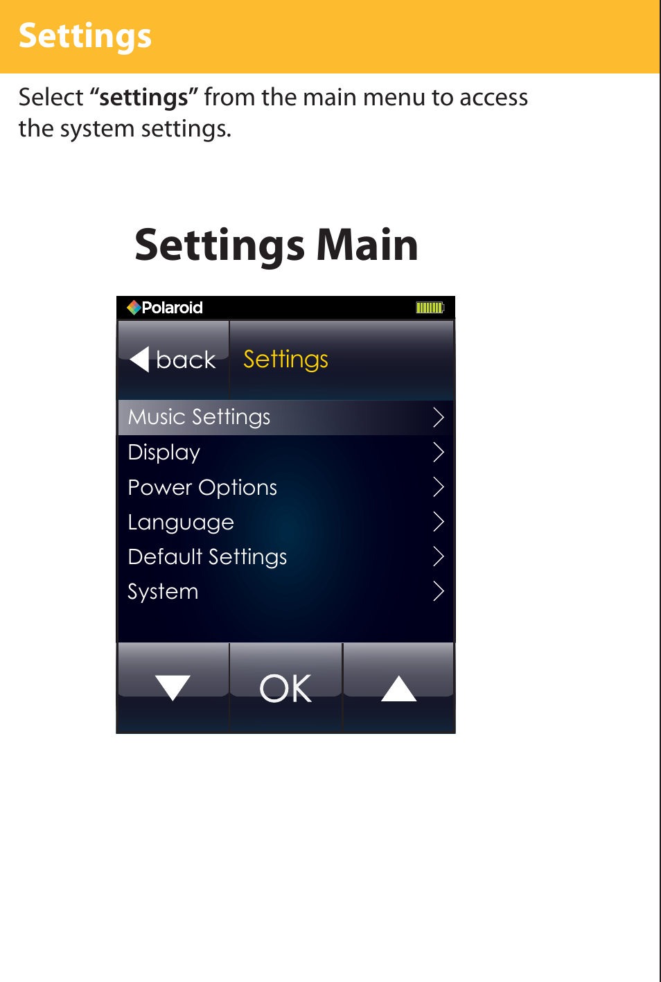 Settings main, Settings | Polaroid PMP282-8 User Manual | Page 13 / 17
