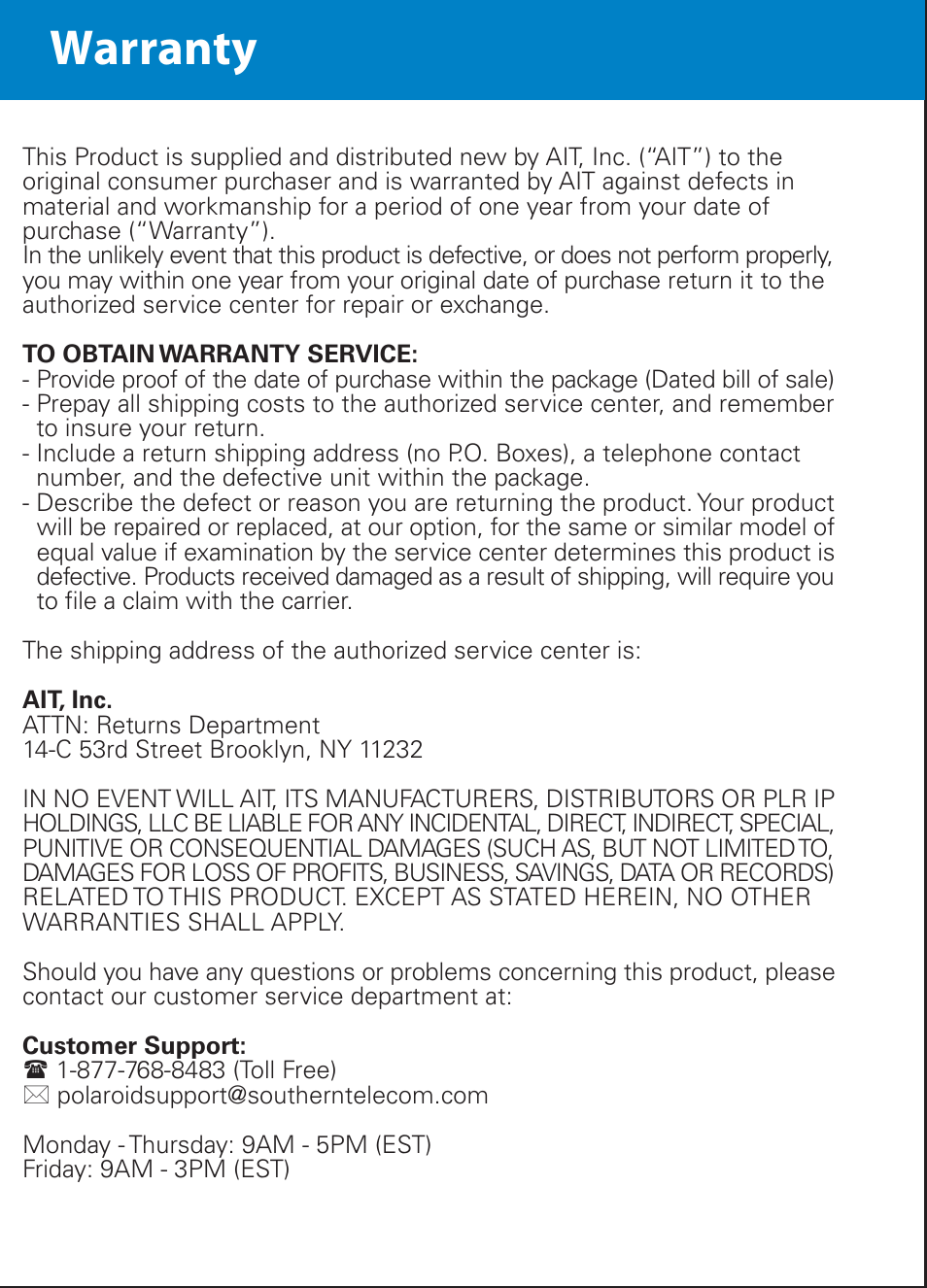 Warranty | Polaroid PMP282-8 User Manual | Page 16 / 17