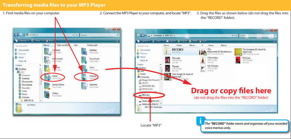 Drag or copy files here, Transferring media files to your mp3 player | Polaroid PMP282-8 User Manual | Page 9 / 17