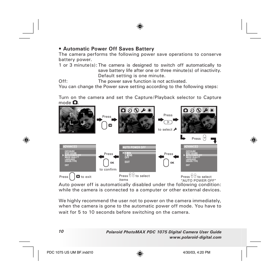 Automatic power off saves battery | Polaroid PDC 1075 User Manual | Page 10 / 49