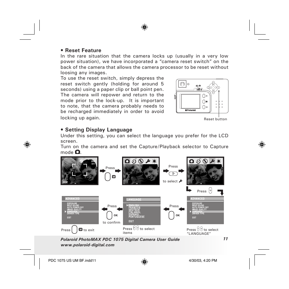 Reset feature, Setting display language | Polaroid PDC 1075 User Manual | Page 11 / 49