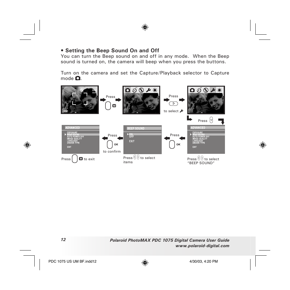 Setting the beep sound on and off | Polaroid PDC 1075 User Manual | Page 12 / 49