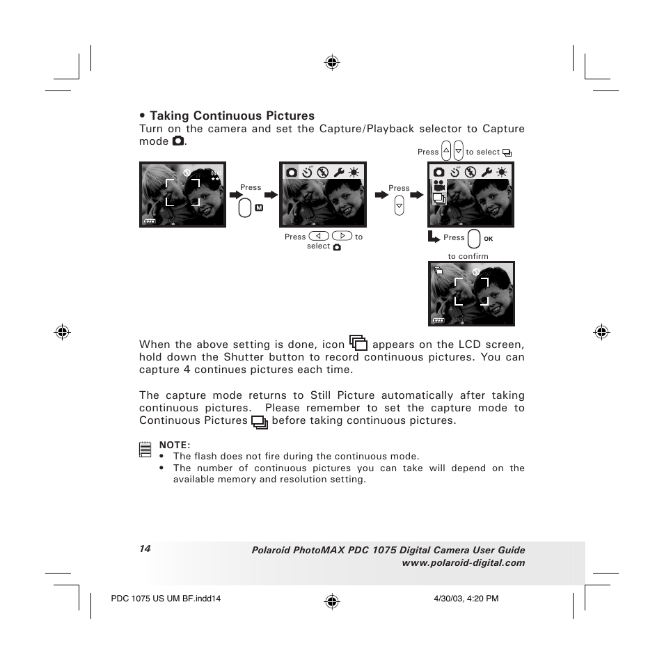 Taking continuous pictures | Polaroid PDC 1075 User Manual | Page 14 / 49