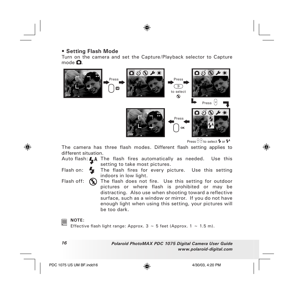 Setting flash mode | Polaroid PDC 1075 User Manual | Page 16 / 49