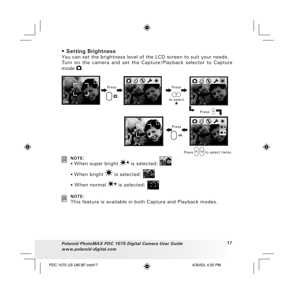 Setting brightness | Polaroid PDC 1075 User Manual | Page 17 / 49