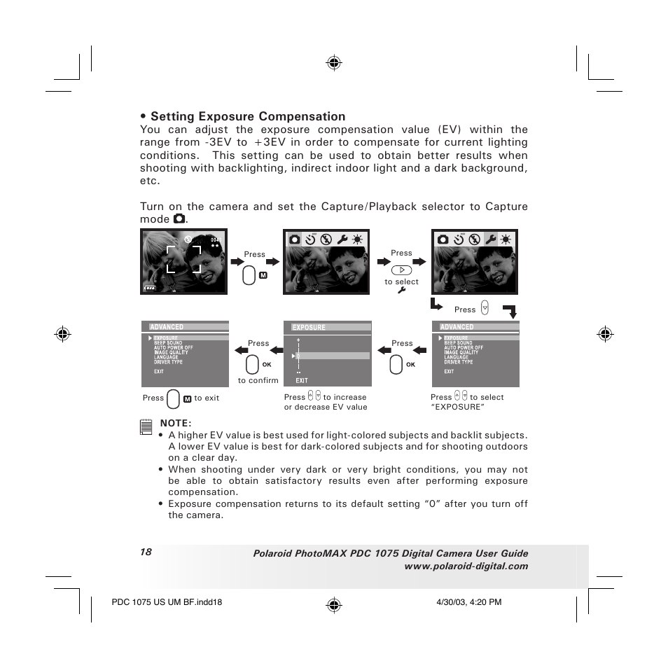 Setting exposure compensation | Polaroid PDC 1075 User Manual | Page 18 / 49