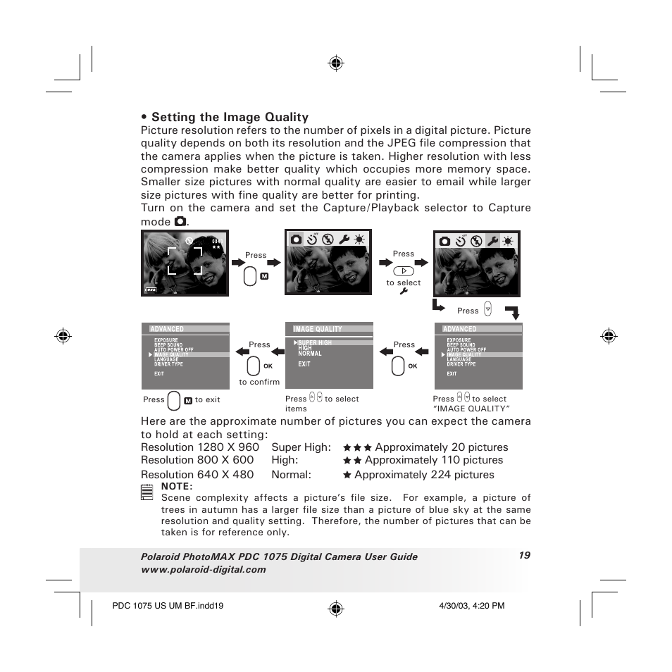 Setting the image quality | Polaroid PDC 1075 User Manual | Page 19 / 49
