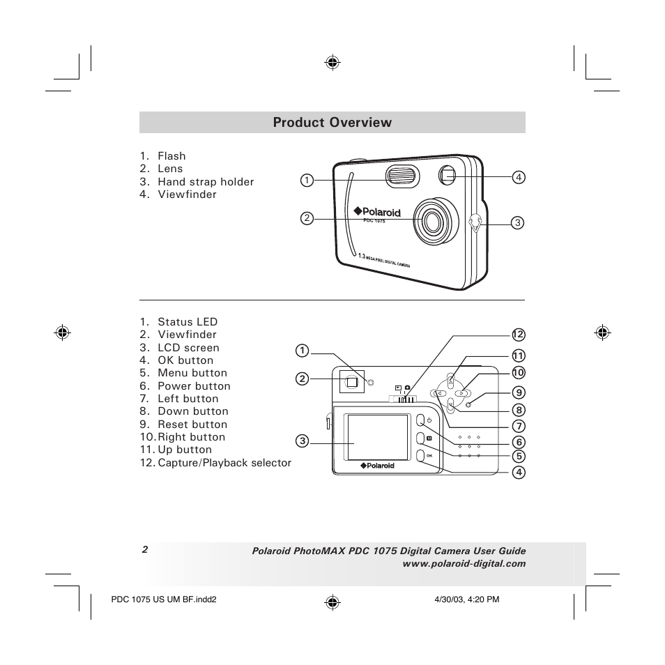 Product overview | Polaroid PDC 1075 User Manual | Page 2 / 49