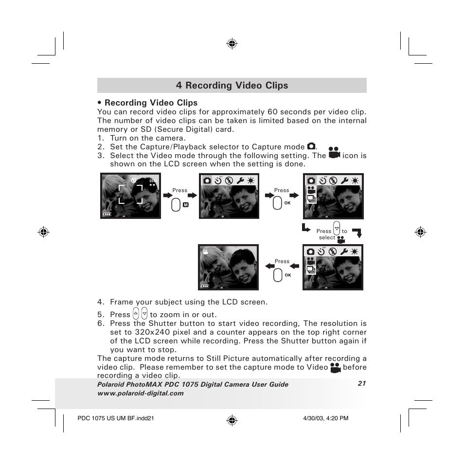 4 recording video clips | Polaroid PDC 1075 User Manual | Page 21 / 49