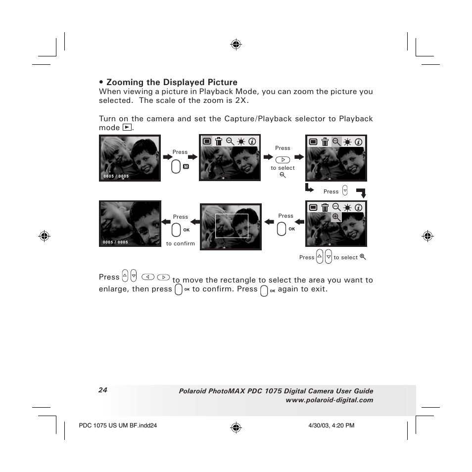 Zooming the displayed picture | Polaroid PDC 1075 User Manual | Page 24 / 49