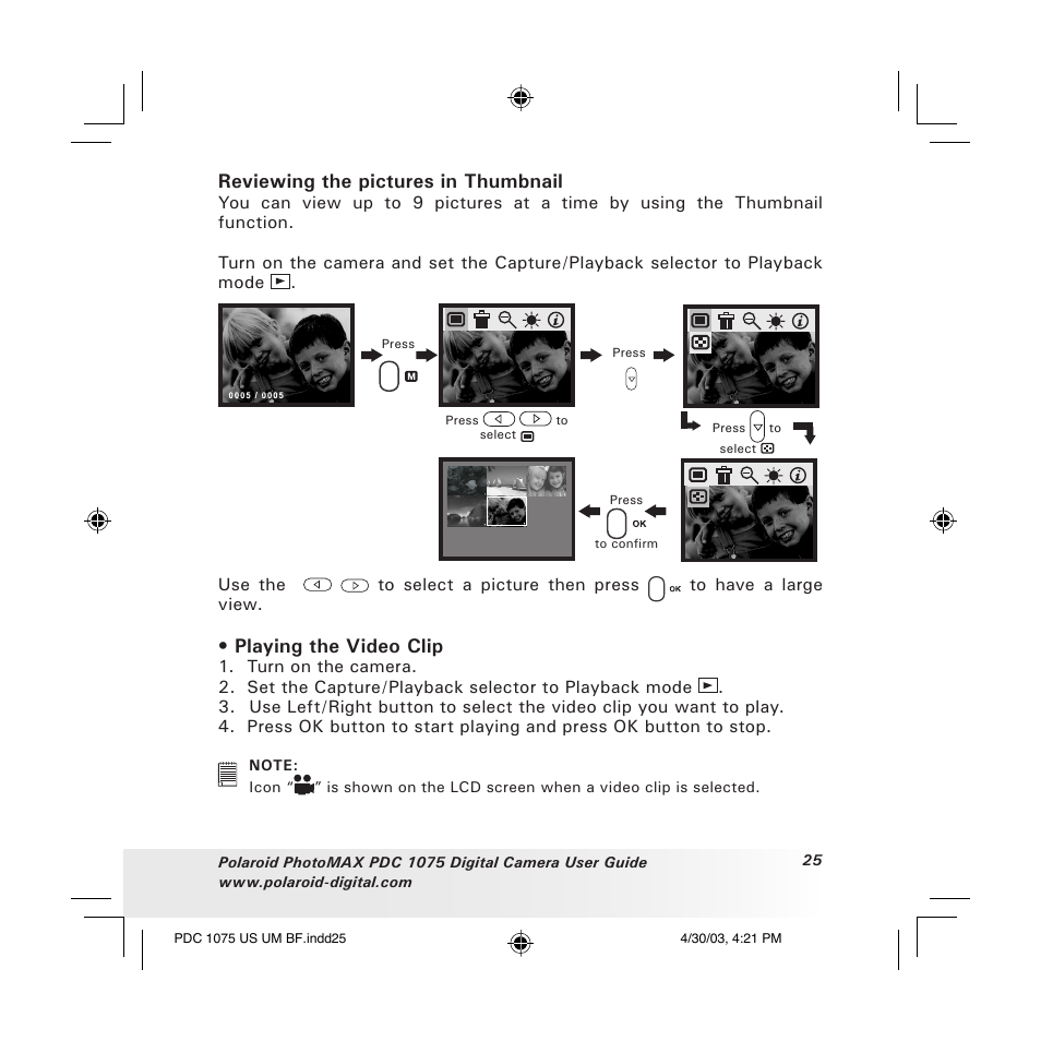 Reviewing the pictures in thumbnail, Playing the video clip | Polaroid PDC 1075 User Manual | Page 25 / 49