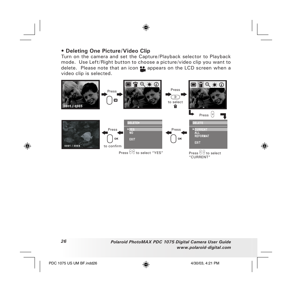 Deleting one picture/video clip | Polaroid PDC 1075 User Manual | Page 26 / 49